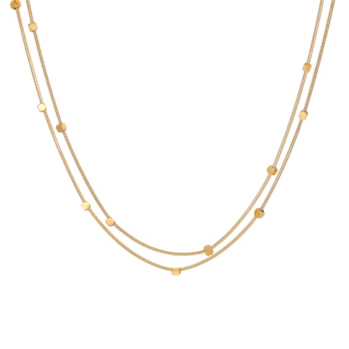 18K Gold Plated Layered Herringbone Necklaces for Women Dainty Layering Beaded Snake Chain Choker Moon Coin Pendant Necklace Trendy Stainless Steel Jewelry - color: Double Square-Gold