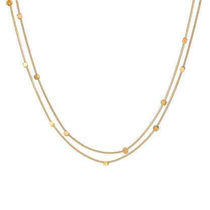 18K Gold Plated Layered Herringbone Necklaces for Women Dainty Layering Beaded Snake Chain Choker Moon Coin Pendant Necklace Trendy Stainless Steel Jewelry - color: Double Square-Gold