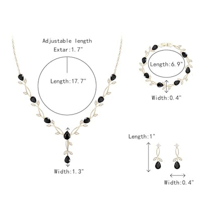 Crysdue Wedding Jewelry Set for Brides Bridesmaid, Cubic Zirconia Teardrop Marquise Leaf Cluster Pendant Necklace Bridal Tennis Bracelet Drop Earrings for Women Party Prom - style: A- CZ set-black, gold