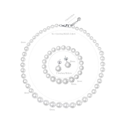 Faux Pearl Jewelry Set for Women, 3 Piece Necklace Bracelet Earrings | Glass Material, Adjustable Comfortable Fit, Party & Prom Accessory - style: White 16 inches