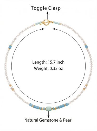 Pearl Necklace for Women Paperclip Chain Chunky Gold Necklace, Freshwater Cultured Pearls Trendy Link Chain 18K Gold Plated Dainty Pearl Choker - color: Pearl&Blue Stone