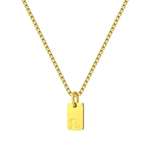 Gold Plated Square Initial Necklace Waterproof A-Z Letter Pendant on Thin Chain - Dainty, Stackable Jewelry for Women - color: Golden-L, size: F
