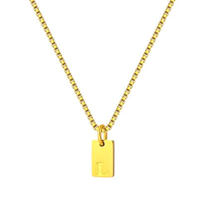 Gold Plated Square Initial Necklace Waterproof A-Z Letter Pendant on Thin Chain - Dainty, Stackable Jewelry for Women - color: Golden-L, size: F
