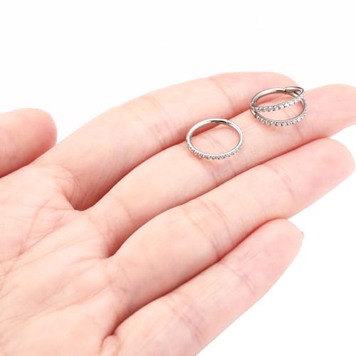 GAGABODY 2 Pcs Nose Rings 22G 20G 18G 16G 14G 12G 10G 8G Surgical Steel Piercing Rings for Nose Septum Cartilage Helix Tragus Conch Rook Daith Lobe from 5mm to 16mm Seamless Hoop Unisex Hinged Earrings - color: Silver-Single CZ+Double CZ