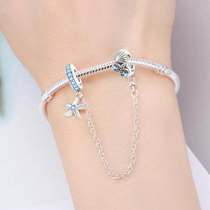 Spacer Stopper Beads for Bracelets & Necklaces, 925 Sterling Silver Beads | Smooth & Pave Cubic Zirconia (White, Blue, 18K Gold Plated) | Anti-Slide Separator Charms S925 Women Jewelry - color: Safety Chain Starfish Shell