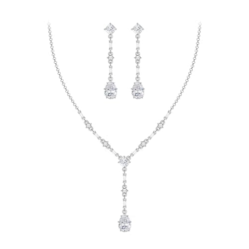 EVER FAITH Gorgeous Cubic Zirconia Jewelry Set Elegant Rhombic Birthstone Teardrop Wedding Prom Choker Necklace Dangle Earrings Sets for Women