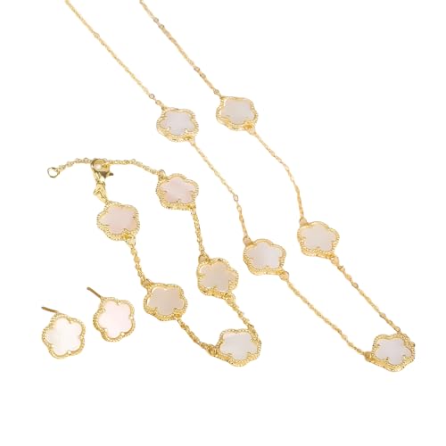 14K Gold-Filled Clover Necklace For Women - Classic Five-Leaf Flower Set Bracelet Necklace Earrings Jewelry Set, Five Leaf Clover Necklaces Dainty Lucky Clover Jewelry - color: White - Clover Necklace