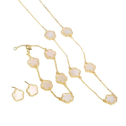 14K Gold-Filled Clover Necklace For Women - Classic Five-Leaf Flower Set Bracelet Necklace Earrings Jewelry Set, Five Leaf Clover Necklaces Dainty Lucky Clover Jewelry - color: White - Clover Necklace