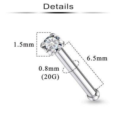 6Pcs Nose Rings Studs Surgical Steel L-Shape Nose Rings for Women 1.5mm Cubic Zirconia Nostril Screw Studs Hypoallergenic Nostril Piercings 24g 22g 20g - color: straight,silvertone, size: 20g,1.5mm CZ