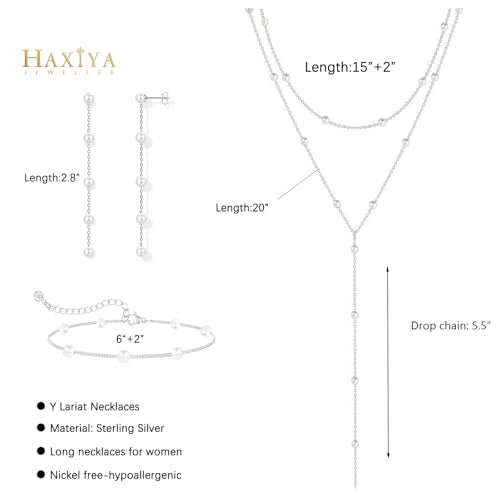 HAXIYA Gold Pearl Y-Shaped Necklace for Women Layered Lariat Long Pendant | 14K Gold Plated/Sterling Silver Dainty Drop Chain Layered Pearl/Beaded Necklaces Simple Gold Jewelry for Women - color: Pearl Set - Silver