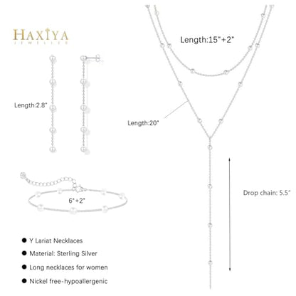 HAXIYA Gold Pearl Y-Shaped Necklace for Women Layered Lariat Long Pendant | 14K Gold Plated/Sterling Silver Dainty Drop Chain Layered Pearl/Beaded Necklaces Simple Gold Jewelry for Women - color: Pearl Set - Silver