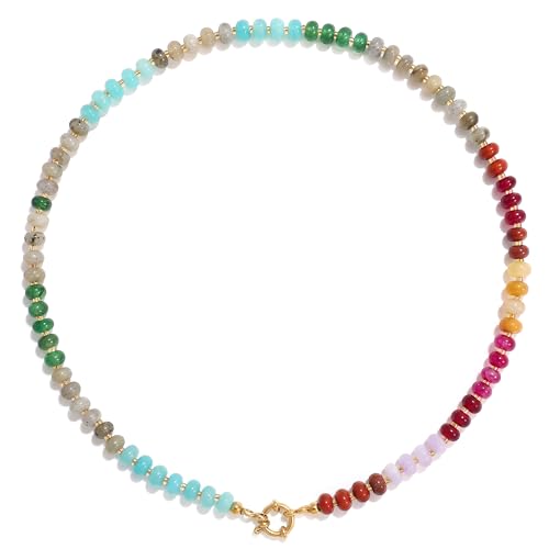 Gemstone Beaded Necklace for Women Colorful Natural Stone Freshwater Pearl Surfer Beach Rainbow Necklace Jewelry Gift - color: Colorful