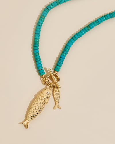 Chunky Gold Fish Pendant Necklace For Women Long Silk Scarf Turquoise Strand Necklace With Fish Pendants Boho Beach Shell Statement Necklaces - style: Turquoise Strand