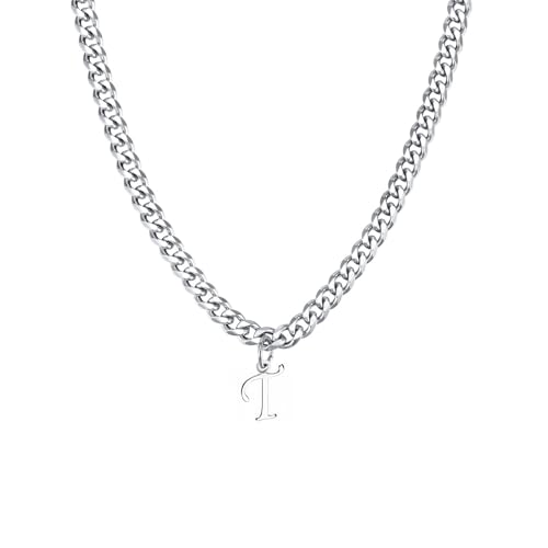Stainless Steel Initial A-Z Necklace for Men Women,Cuban Chain,Titanium Steel Initial Letter Pendant Charm Necklaces Accessories Jewelry for Woman Man,21 Inch Chain - color: T