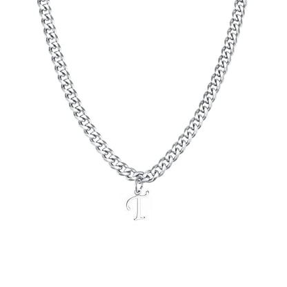 Stainless Steel Initial A-Z Necklace for Men Women,Cuban Chain,Titanium Steel Initial Letter Pendant Charm Necklaces Accessories Jewelry for Woman Man,21 Inch Chain - color: T
