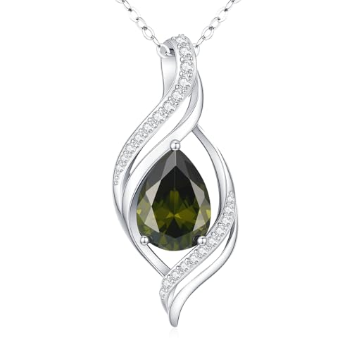 Birthstone Necklace for Women S925 Sterling Silver Teardrop | With Cubic Zirconia and Gemstones - Ideal Birthday Jewelry Gift for Her, Girlfriend, Wife, Mom on Birthday, Anniversary - color: 08 - Peridot