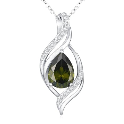 Birthstone Necklace for Women S925 Sterling Silver Teardrop | With Cubic Zirconia and Gemstones - Ideal Birthday Jewelry Gift for Her, Girlfriend, Wife, Mom on Birthday, Anniversary - color: 08 - Peridot