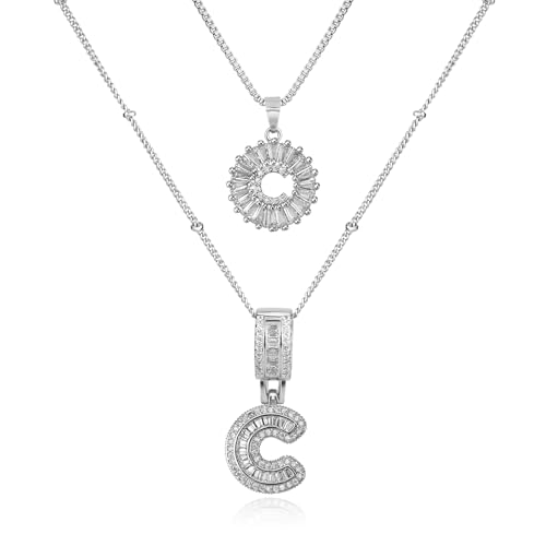 14K Gold Plated Alphabet Necklace Cubic Zirconia Letter Pendant, Personalized Name Jewelry Gift for Women, Customizable A-Z, Birthday/Mothers Day Gifts for Womens - color: White Gold, style: Style-C