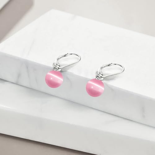 925 Sterling Silver Pearl Leverback Earrings Dangle Drop Jewelry Gifts for Women - style: Pink Cat's Eye