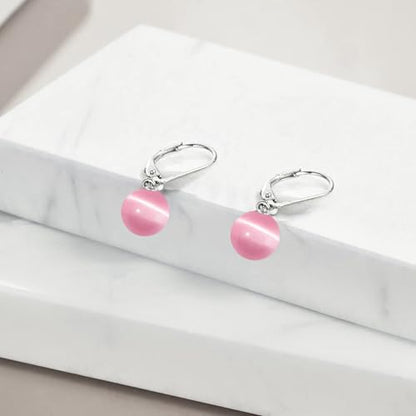 925 Sterling Silver Pearl Leverback Earrings Dangle Drop Jewelry Gifts for Women - style: Pink Cat's Eye