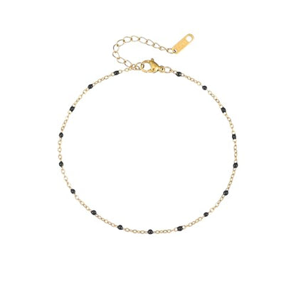 18K Gold Plated Boho Beaded Anklets for Women Dainty Gold Layered Round Ball Ankle Bracelet Pearl Cross Anklet Bracelet Waterproof Gold Jewelry - color: Black Beads-Gold