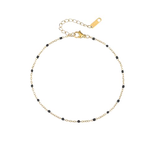 18K Gold Plated Boho Beaded Anklets for Women Dainty Gold Layered Round Ball Ankle Bracelet Pearl Cross Anklet Bracelet Waterproof Gold Jewelry - color: Black Beads-Gold