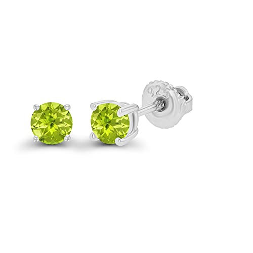 14K Gold Plated 925 Sterling Silver Hypoallergenic 4mm Round Genuine Birthstone Solitaire Screwback Stud Earrings - color: Peridot