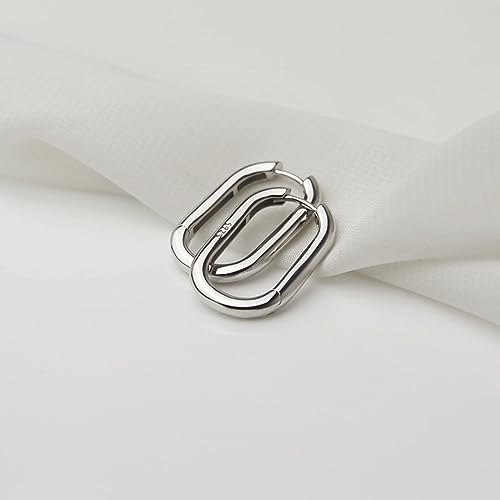 Sterling Silver Long Plain Shiny Oval Square Hoop Cuff Drop Earrings 26mm 2 Tones Rhodium / 18K Gold