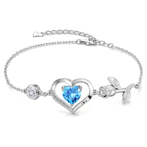 1CT Rose Heart Birthstone Bracelet for Women Love Gift - style: 03/12-Mar/Dec Light Blue Silver