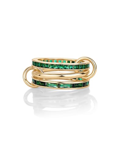 PAVOI 14K Gold Plated Interlocking Ring for Women - Chunky Connected Bands Interlock Stackable Rings for Women - Trendy Cubic Zirconia Two Tone Interlocked Multi-Band Statement Jewelry - style: Chunky Bands & Green CZ - Yellow Gold