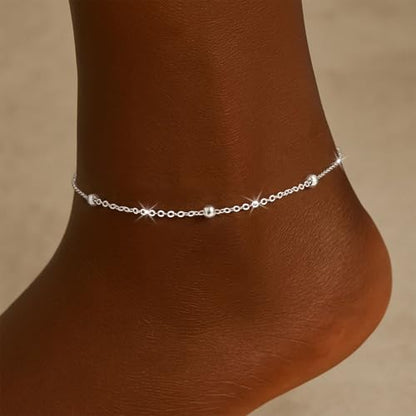 Moodear Ankle Bracelets for Women 14K Silver Plated Layered Chain Anklets | Waterproof Non Tarnish Adjustable Double Layer Anklet with Satellite Bead Chain Design for Summer Beach Jewelry Gift - color: silver-6