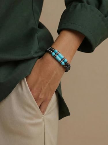 Mens Leather Turquoise/Tiger Eye/Obsidian/Lava Stone Bracelet–Braided Multi‑Layer Wristband Cuff Bangle Barcelet–Jewelry Box and Pouch Packing - color: Turquoise Stone, size: 8.3in(Fits most wrists)