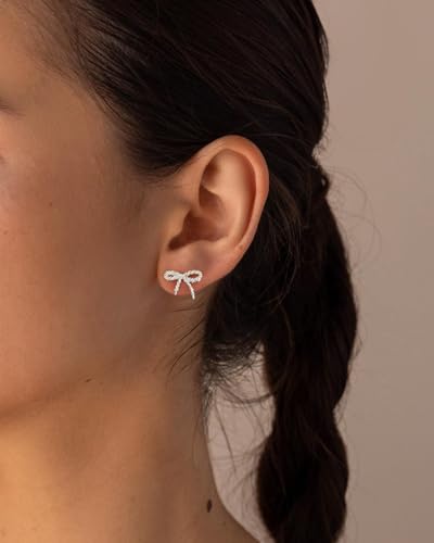 Stud Earrings for Women- 14K Gold/White Gold Plated/Black Bow Dragon Softball Snake Bat Stud Earrings - color: Silver Sparkling Bow