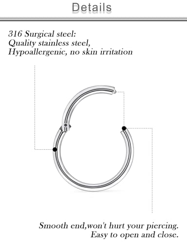 20G 18G 16G 14G 12G 10G Surgical Steel Hinged Clicker Segment Nose Rings Hoop Lip Rings Helix Cartilage Daith Tragus Sleeper Earrings Body Piercing for Women Men 6mm 8mm 10mm 12mm 14mm 16mm - color: Silver-14G（1.6mm)-Inner Diameter: 8mm 10mm 12mm 14mm