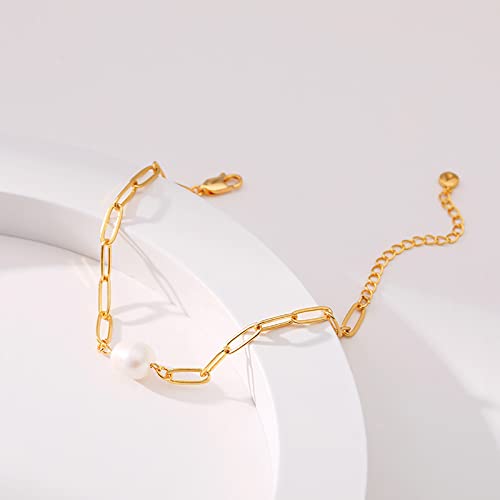Dainty Gold Bracelets for Women, 18 Gold Plated Adjustable Evil Eye/Butterfly/Beaded/Pearl/Heart/Turquoise Handmade Bracelet for Women - style: Pearl and Paperclip
