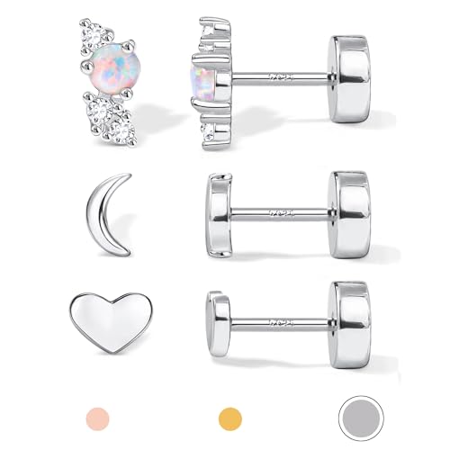 14K Gold Plated 925 Sterling Silver Flat Back Earrings Set | Hypoallergenic Cartilage Helix Conch Tragus Piercing Jewelry 3 Pairs Small Screw Dainty CZ Opal Earring Set Men Women - color: Silver, Style D