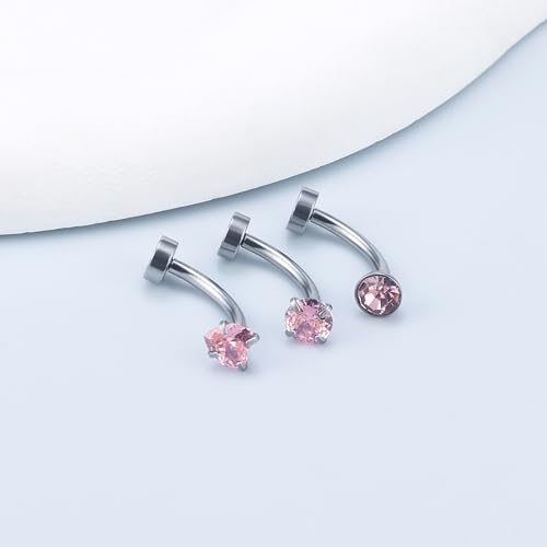 Vsnnsns 14G Floating Belly Button Ring Piercing Jewelry 316L Stainless Surgical Steel Round Heart Cubic Zirconia Navel Rings Belly Button Ring Piercing Jewelry for Women 14 Gauge Hypoallergenic - color: Silver-14MM Bar-Pink CZ