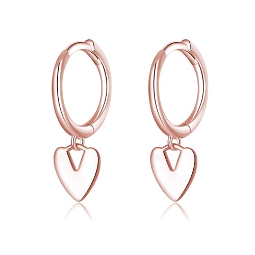 Reffeer Solid 925 Sterling Silver Small Love Heart Drop Earrings Hoop for Women Teen Girls Heart Hoop Earrings Huggie - color: C-Rose