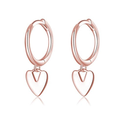Reffeer Solid 925 Sterling Silver Small Love Heart Drop Earrings Hoop for Women Teen Girls Heart Hoop Earrings Huggie - color: C-Rose