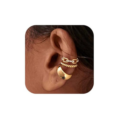 MEVECCO Ear Cuffs Non Piercing 18K Gold Plated Ear Cuff Earring Sets Clip on Cartilage Cubic Zirconia Pearl Minimalist Hypoallergenic Fake Hoop Earrings Stack Women Gifts - style: 3pcs-Chunky