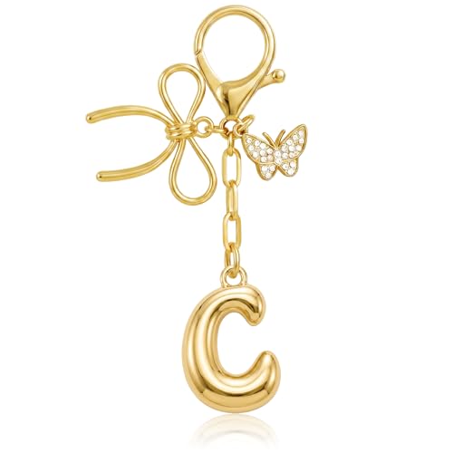 Gold Bubble Heart, Cherry, Bow & More Designs Letter Initial Keychain Bag Charms – Cute Purse Charms for Handbags - color: Bow & Butterfly, style: C