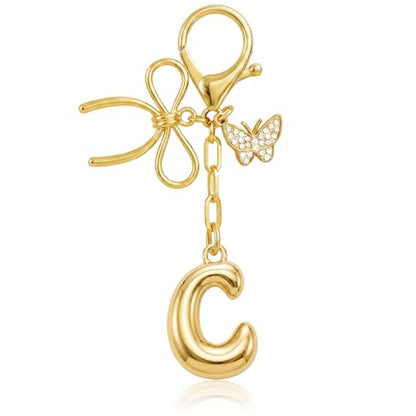 Gold Bubble Heart, Cherry, Bow & More Designs Letter Initial Keychain Bag Charms – Cute Purse Charms for Handbags - color: Bow & Butterfly, style: C