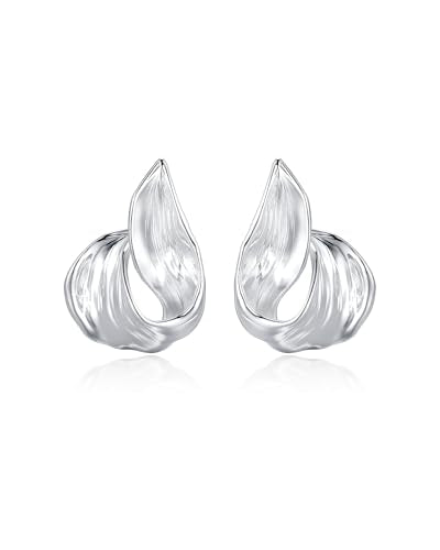 SNGIA 18K Gold Plated Chunky Statement Stud Earrings for Women by SNGIA, Geometric Square Triangle Irregular Knot Dome Earrings, Ribbed Ribbon Textured Gold Silver Fashion Jewelry Gift - style: Silver Plated, Curved
