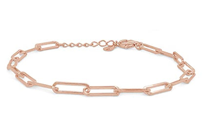 7" Length +1" Adjustable Paper Clip Chain Bracelet for Women | 14K Gold Over Sterling Silver Plain Jewelry - color: rose-gold-plated-silver