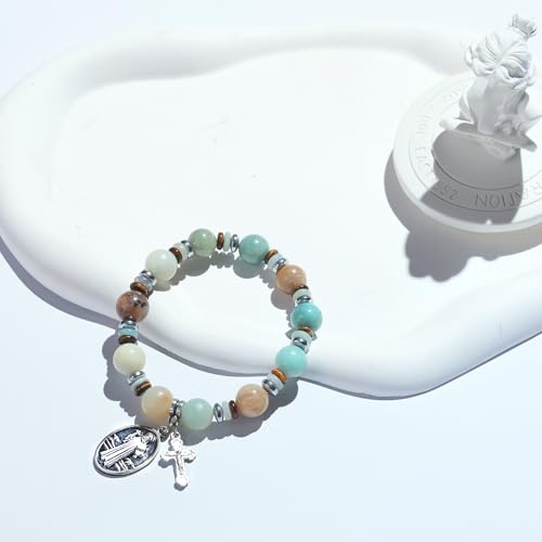 Rosary for Men Women, Natural Stone Beads with St. Benedict Bracelet | 8 mm Natural Stone Prayer Beads with 10 mm Accent Beads, St. Benedict Crucifix, Matching Bracelet, Gift Box and Pouch. - color: Amazonite