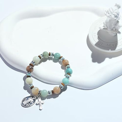 Rosary for Men Women, Natural Stone Beads with St. Benedict Bracelet | 8 mm Natural Stone Prayer Beads with 10 mm Accent Beads, St. Benedict Crucifix, Matching Bracelet, Gift Box and Pouch. - color: Amazonite