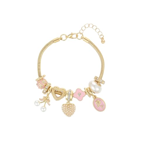 Charm Bracelet Gold Bracelets for Women Gifts | LOVE Heart Hollow Flower Bow Pink Green Square Gemstone Beaded Charm Bracelet Cute Adjustable Bracelet Jewelry - style: Pearl Bow Cherry Heart