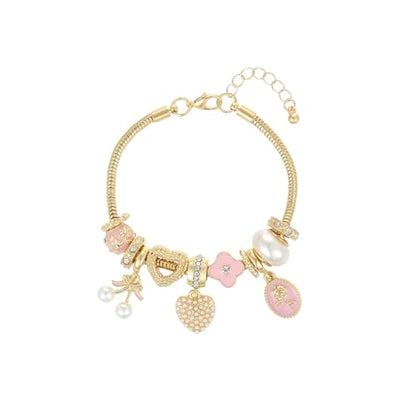 Charm Bracelet Gold Bracelets for Women Gifts | LOVE Heart Hollow Flower Bow Pink Green Square Gemstone Beaded Charm Bracelet Cute Adjustable Bracelet Jewelry - style: Pearl Bow Cherry Heart