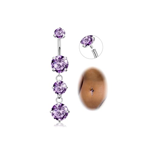 G23 Titanium Dangle Belly Button Rings for Women Dangling Navel Rings CZ Belly Rings Curved Barbell Internally Threaded Belly Piercing Jewelry - color: Purple
