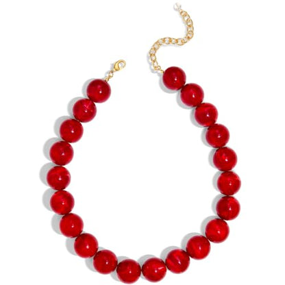 Chunky Beaded Choker Necklace for Women Boho Statement Necklace with Large Pearl Blue Brown Tone Resin Beads Summer Beach Jewelry Gifts - color: Red